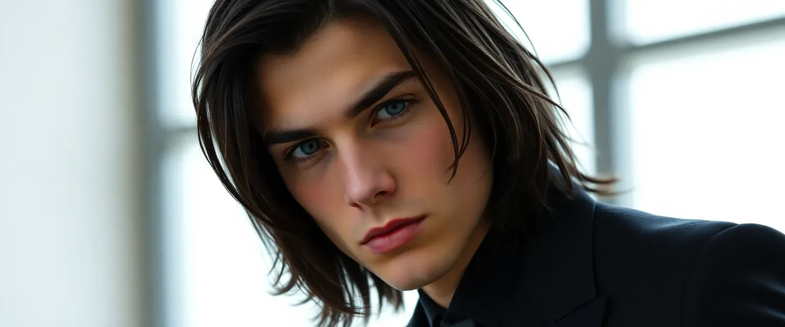 Striking young man, 20, with long dark hair, sharp jawline, and cold penetrating eyes. Wearing an impeccably tailored black Italian suit. Carries himself with calculated elegance and authority.