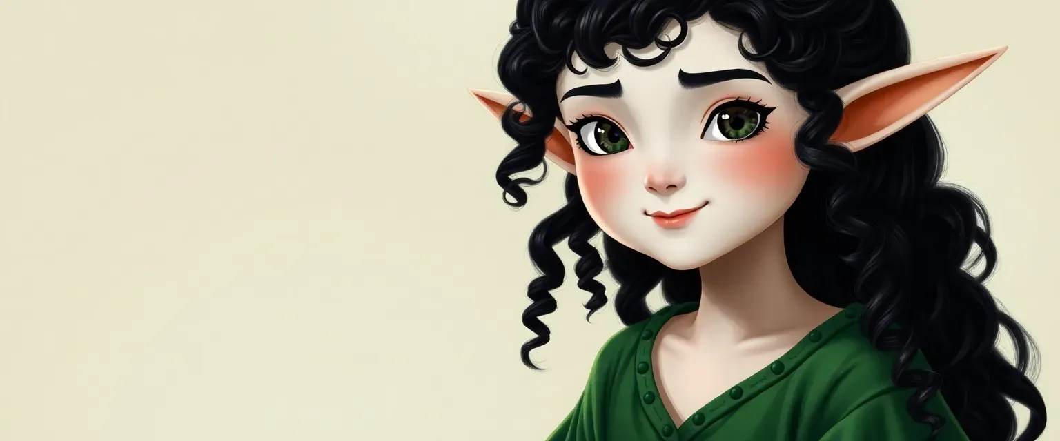 16-year-old elf girl with large curly black hair and a white face, wearing a green tunic and leggings.