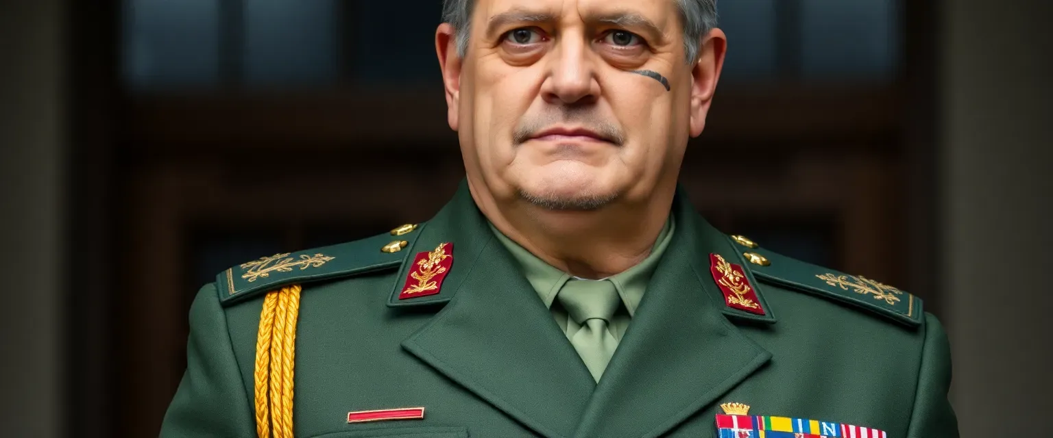 A tall, distinguished military officer in his 50s with graying temples, wearing a decorated green uniform. His face bears noble features and a distinctive scar across his right cheek, carrying himself with dignified authority.