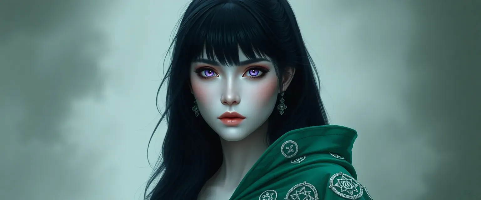 A tall, ethereal woman with raven-black hair and piercing violet eyes, wearing an emerald cloak adorned with silver runes. Her pale skin seems to absorb shadows, giving her an otherworldly appearance.