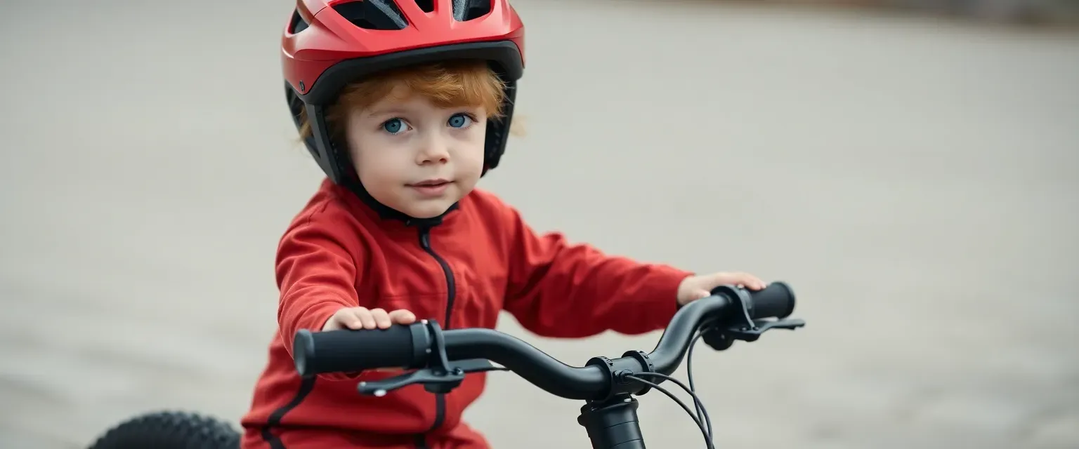 Seven-year-old boy with red hair and blue eyes, wearing a red helmet and jumpsuit, riding a modified bicycle.