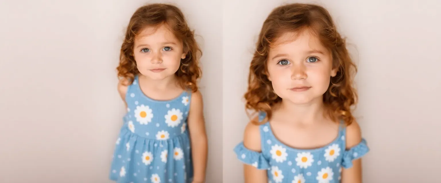 Eight-year-old girl with chestnut curls, green eyes, wearing a blue daisy dress and scuffed shoes.