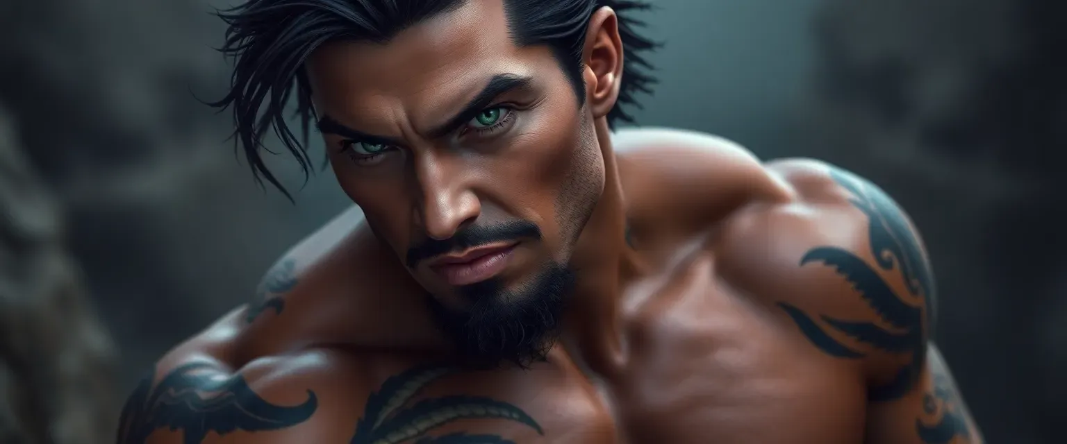 Tremor, a powerful and sensual man, with black hair, tanned skin, and emerald eyes. He bears scars and tattoos, a testament to his adventures.