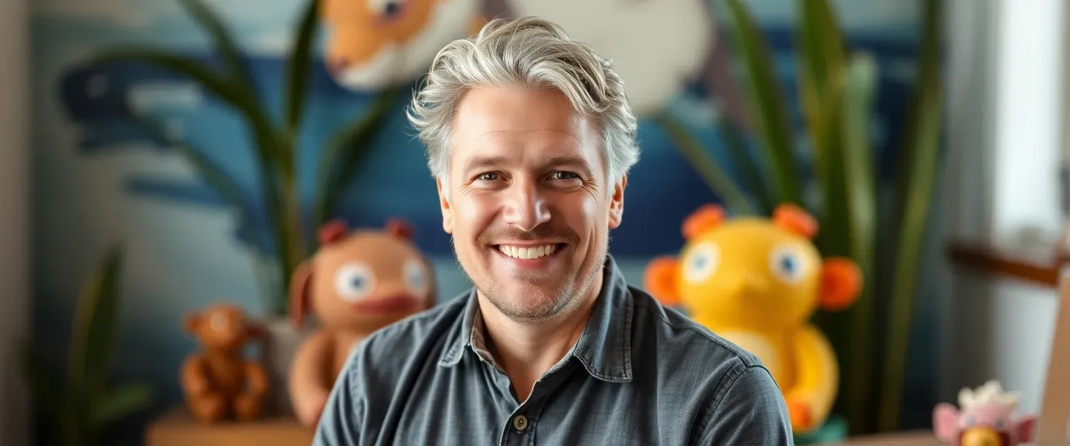 Elias Wildman: Visionary entrepreneur behind Wild Planet Building; creator of beloved Aquapets toys—Puku, Muki & Tu; compassionate philanthropist donating themed medical equipment; salt-and-pepper hair; infectious smile; sees potential in obstacles.