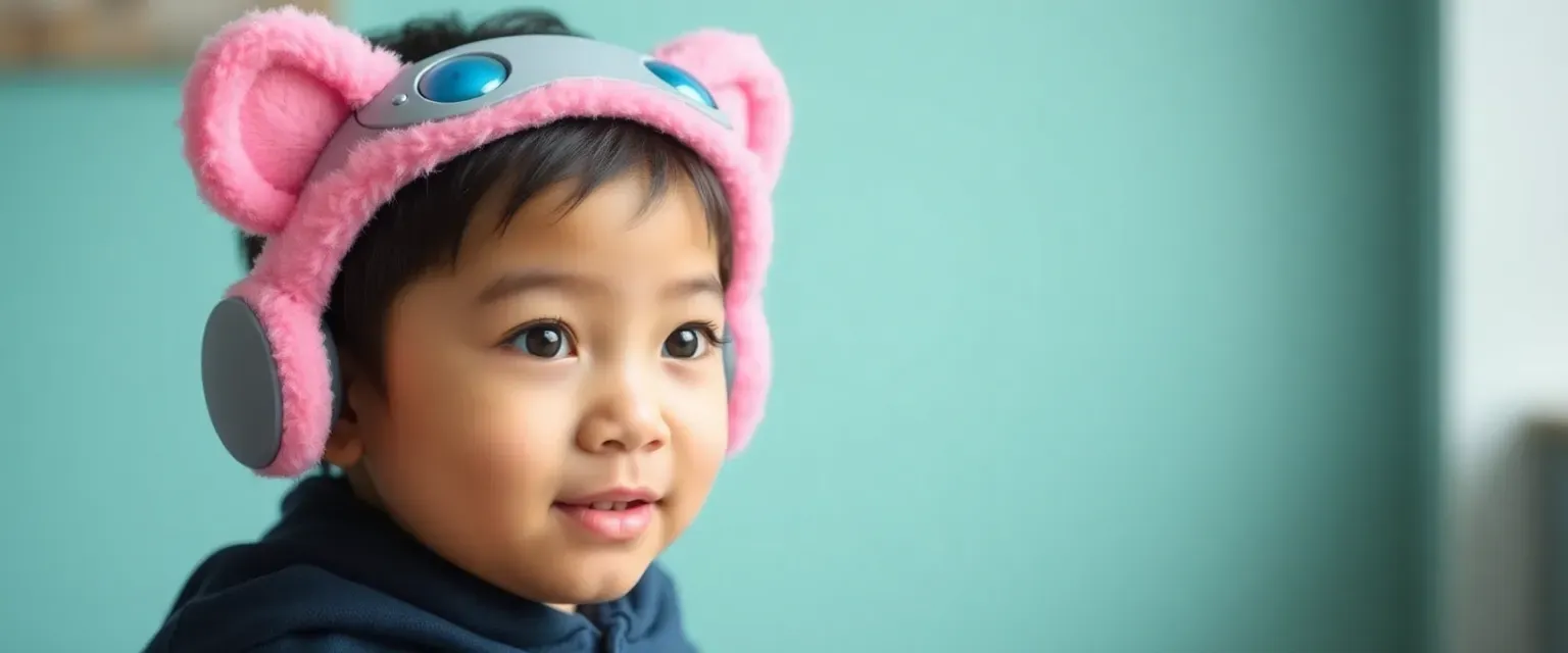 An 11-year-old Chinese-Sudanese boy born without vocal cords wears an Aquapets pink fluffy Puku ears headband that translates thoughts into speech.