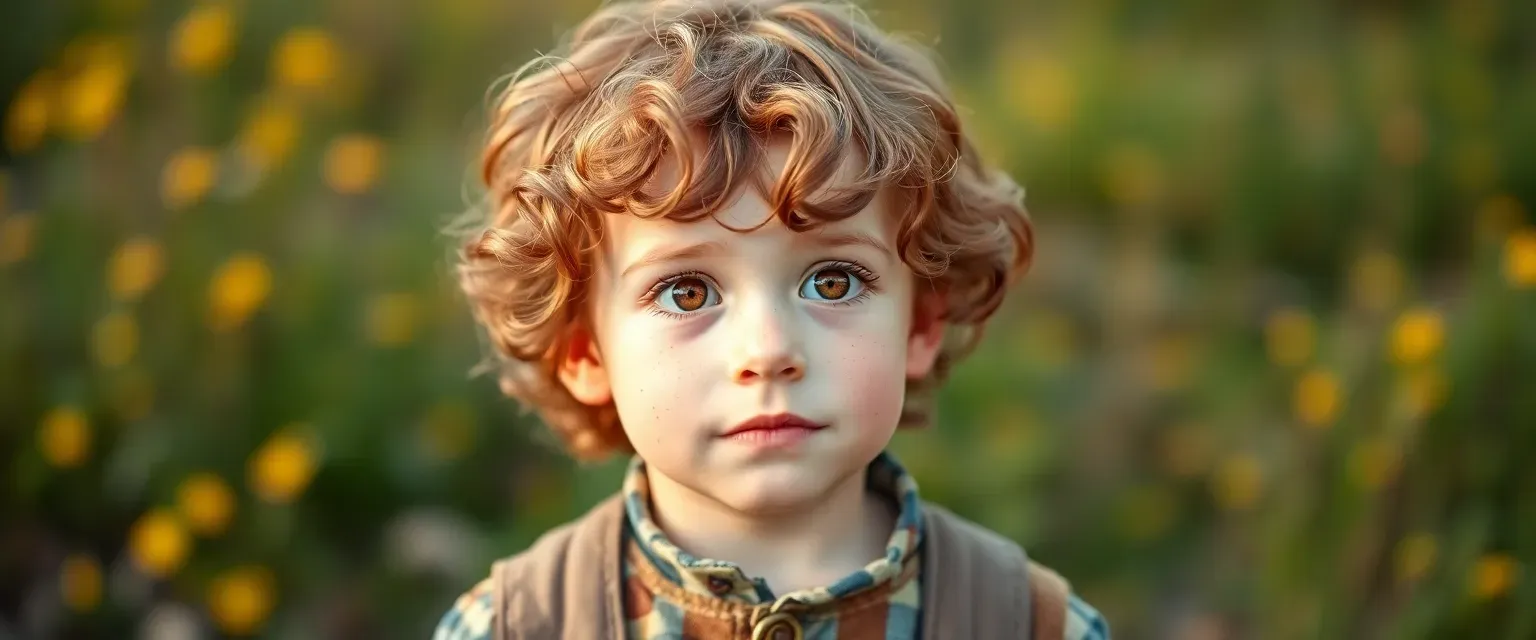 8-year-old boy with chestnut curls, freckles, wearing patchwork clothes, eyes full of wonder.