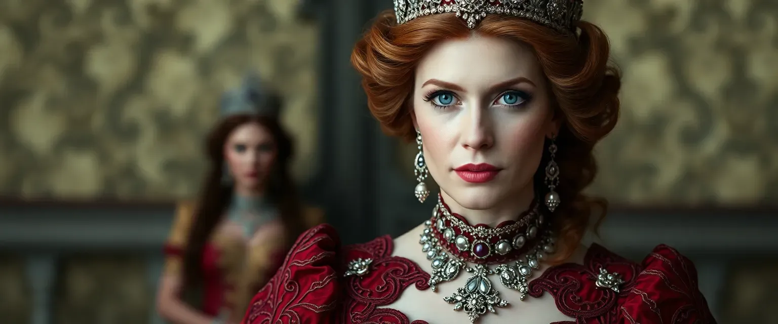 Regal Queen in early 40s with auburn hair and green eyes wearing intricate gowns.