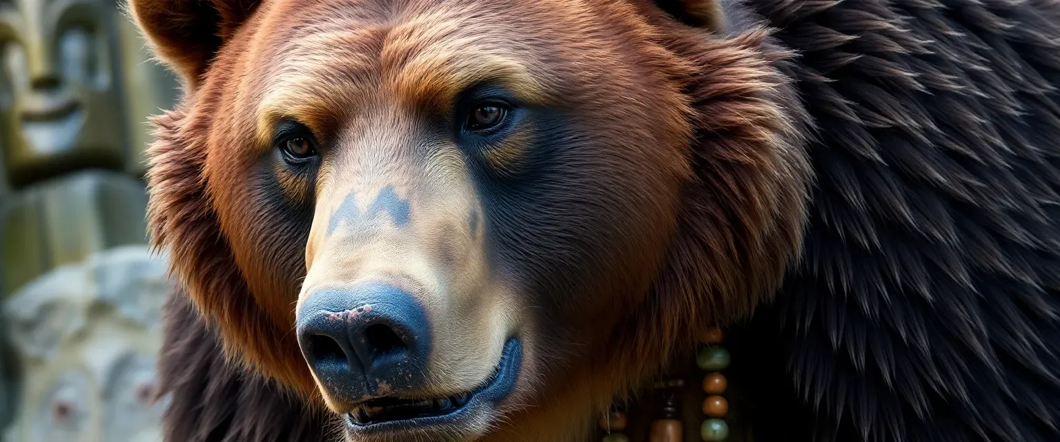 A massive grizzly bear with intelligent eyes, scarred muzzle, and patches of silver fur. Wears wooden totems and tribal beads woven into its thick fur.