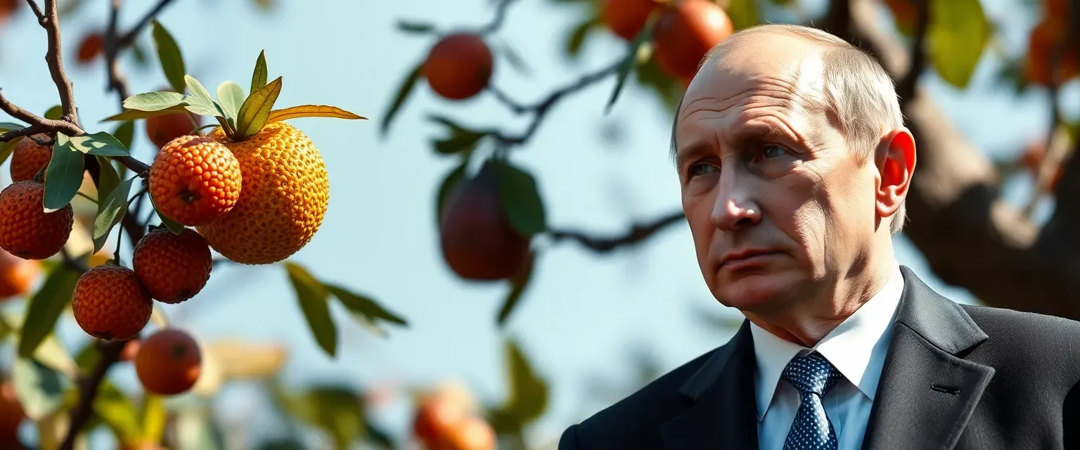 Vladimir Fruitin is an enigmatic figure resembling Vladimir Putin but born from a mystical fruit tree in Africa. Revered in Asia as the 'Fruit of Enlightenment,' he seeks global unity amidst cultural barriers.