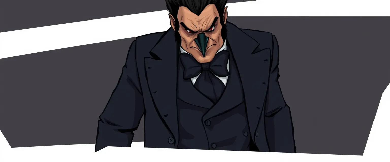 A man with a noticeable limp in his right foot, dressed in a dark grey tailcoat and vest with a dark blue cravat. His hair is styled to resemble the top of a penguin's head, and he has a hook-shaped nose and a pointed chin, giving him a ruthless, almost avian appearance.