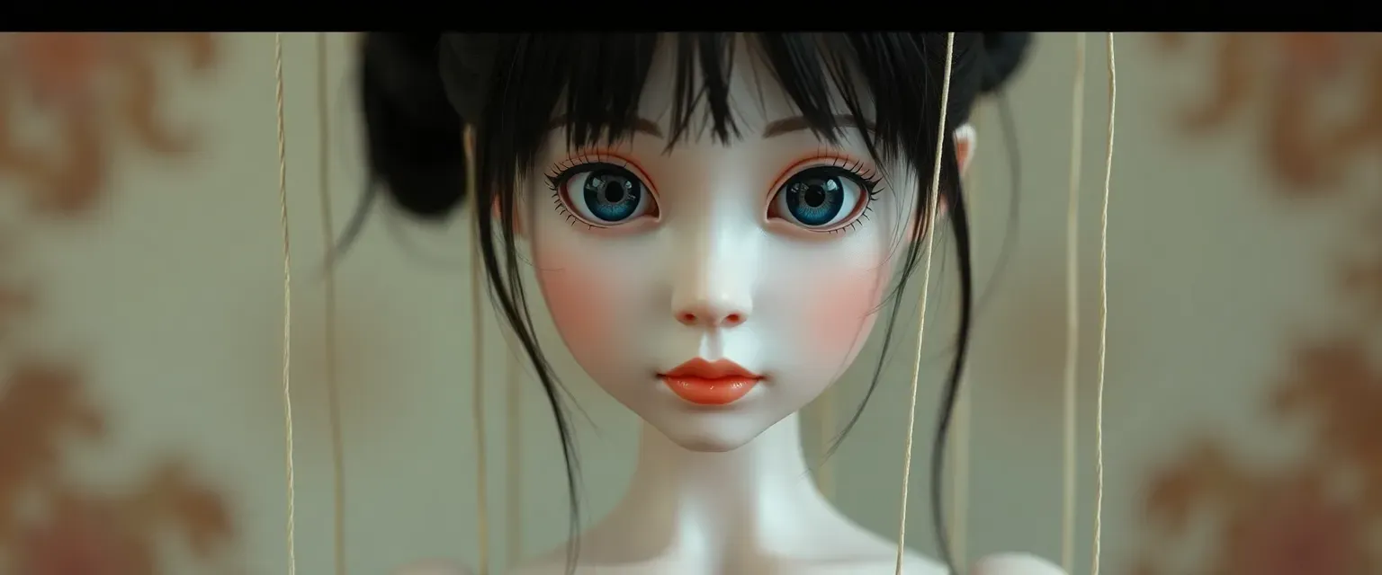 15-year-old French-Japanese girl, puppet-like with ball joints, pale skin, doll eyes, and strings from back.