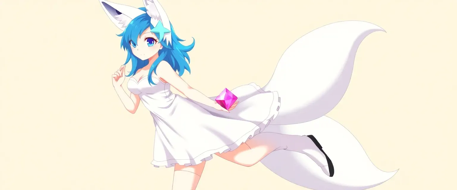 Female fox with blue hair and eyes, two tails, white dress, black shorts, white boots, holding Phantom Ruby.