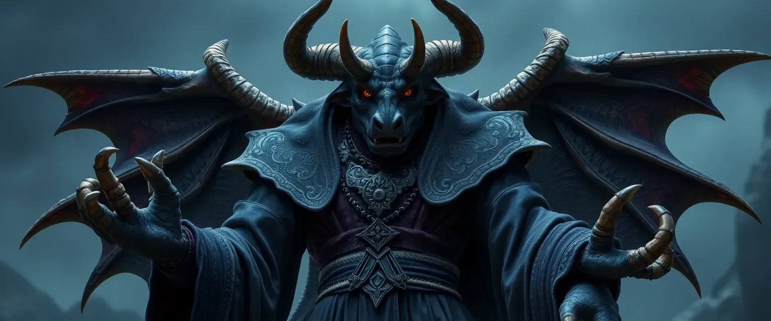 A towering humanoid figure with rhino horns, bull-like features, lobster claws, and bat wings. Wears elaborate magician's robes adorned with mystical symbols. Dark grey skin, glowing amber eyes.