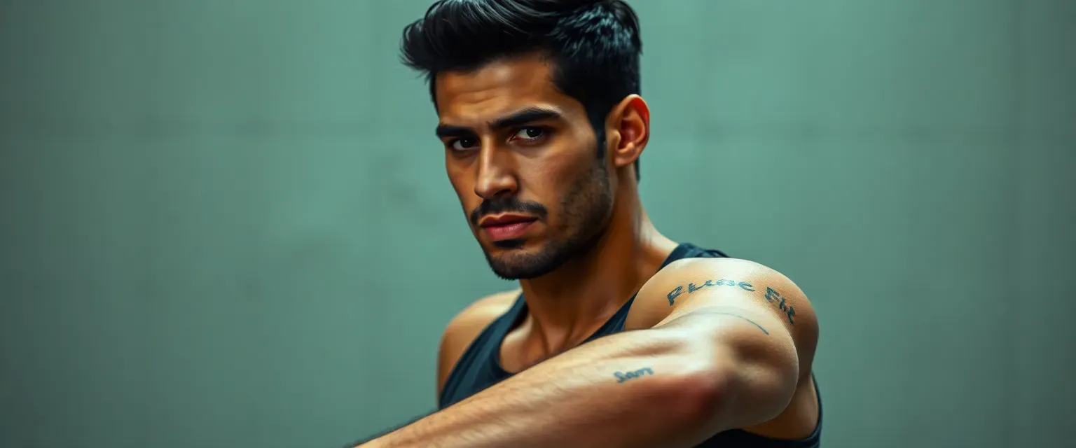 A lean, athletic Middle Eastern man in his late 20s with sharp features, dark hair, and quick, graceful movements. He wears prison-issued workout clothes and has distinctive burn scars on his right forearm.