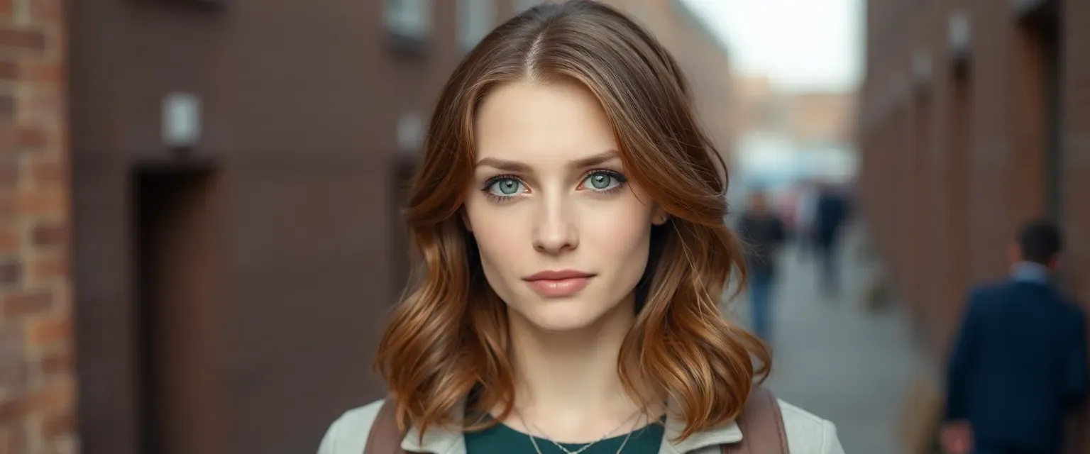 Late 20s woman with chestnut hair, green eyes, wearing practical clothes and a silver necklace.